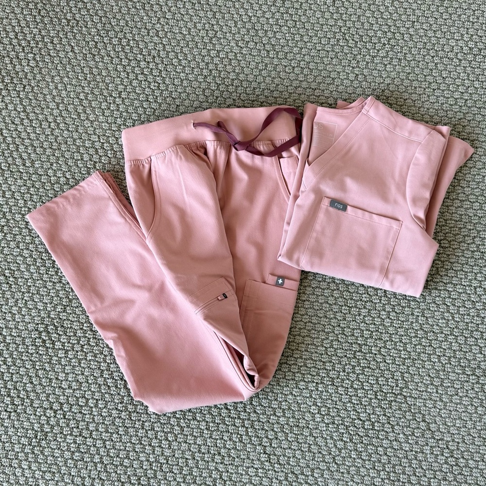 Figs scrubs pink set Catarina top and high waisted yola pants petite scrub set